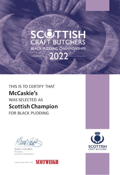 Scottish Craft Butchers Black Pudding Championships 2022 certificate